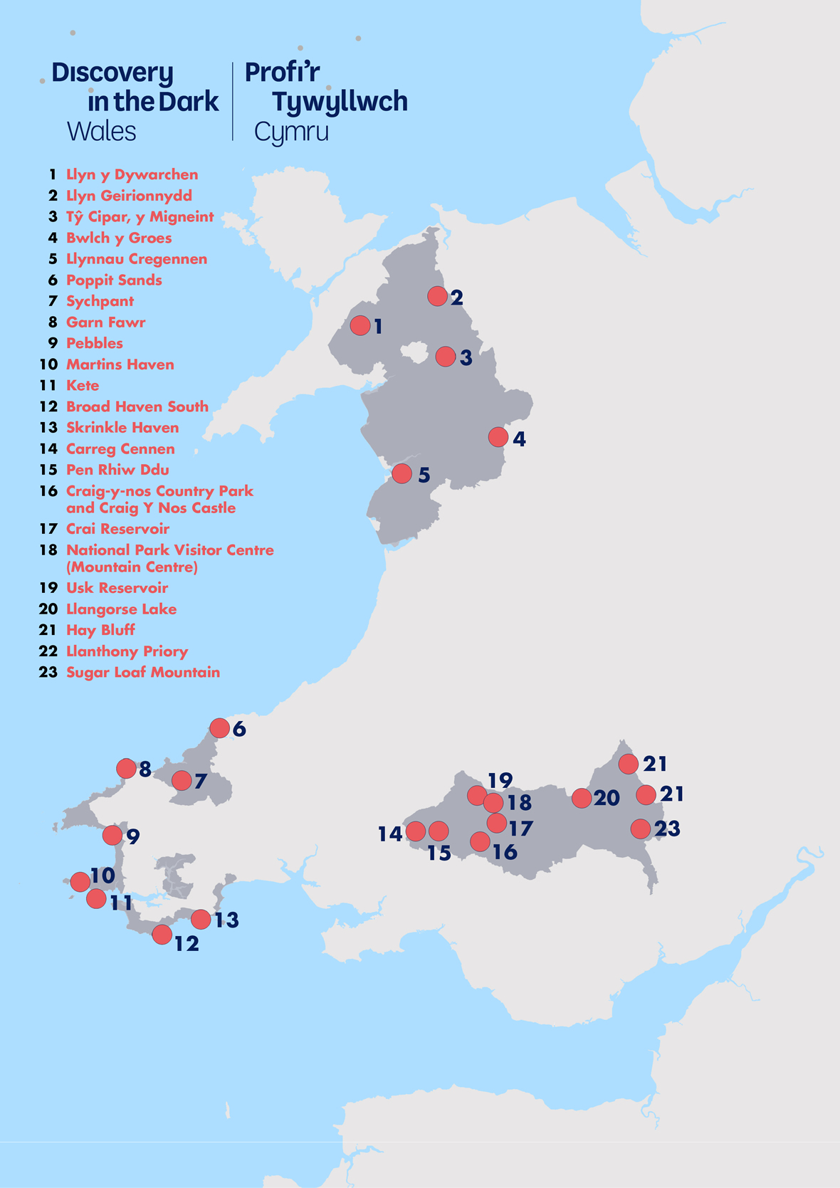 map showing dark skies locations in Snowdonia, Pembrokeshire Coast and Brecon Beacons